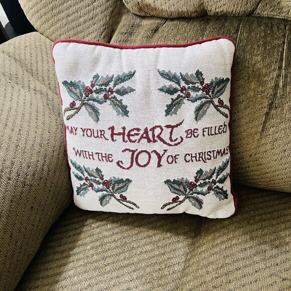 Christmas Throw Pillow Tapestry Heart Joy Letters Woven 12"x 12" Cottage Granny - Picture 8 of 8